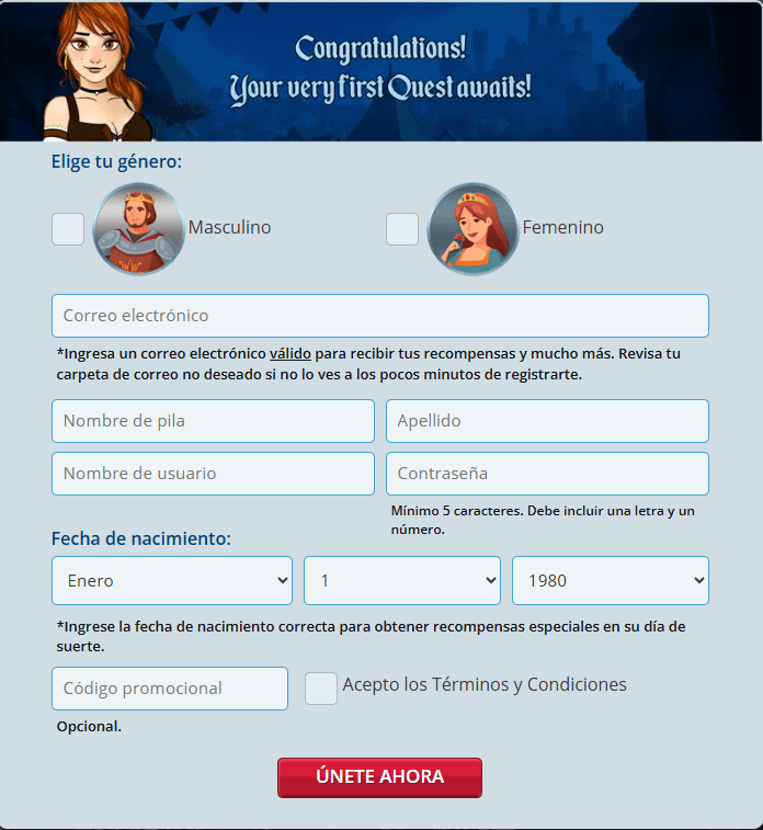 Formulario de registro de cuenta de CasinoCastle