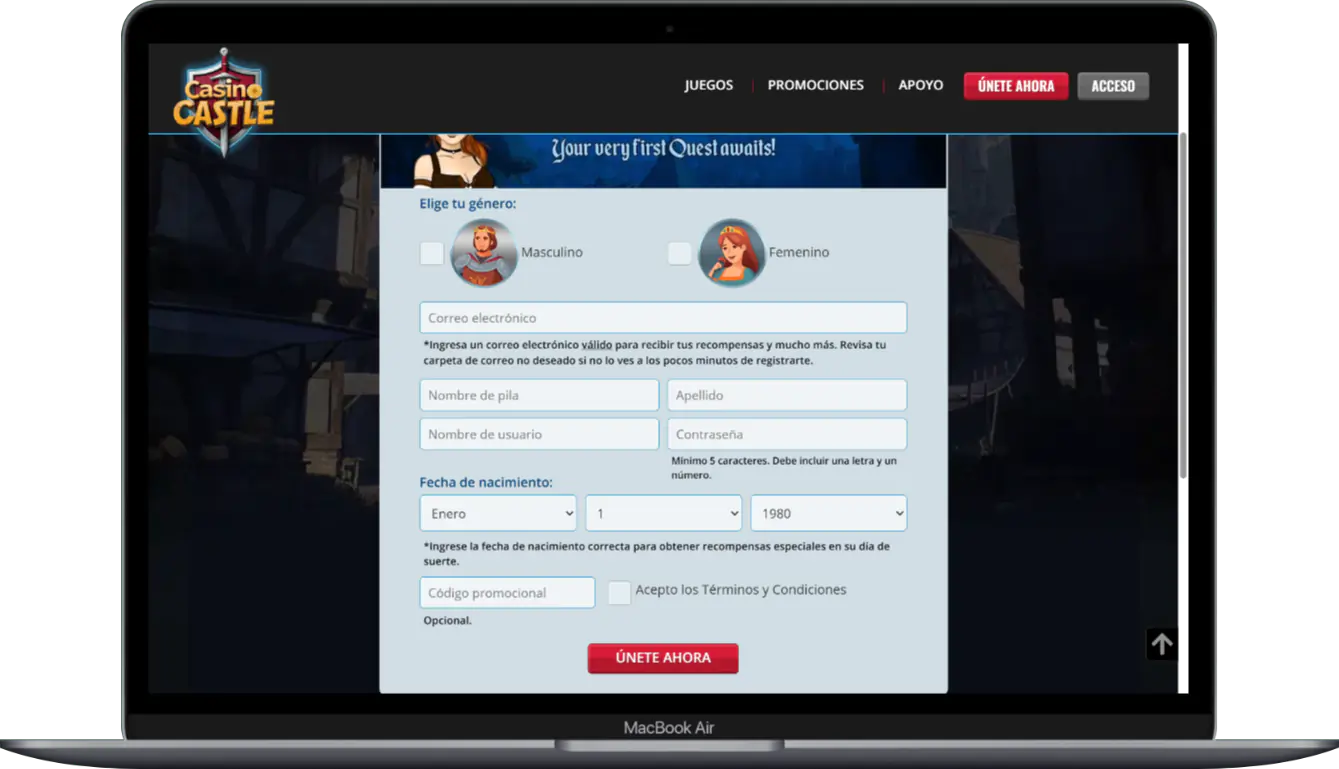 Formulario de registro de cuenta en Casino Castle
